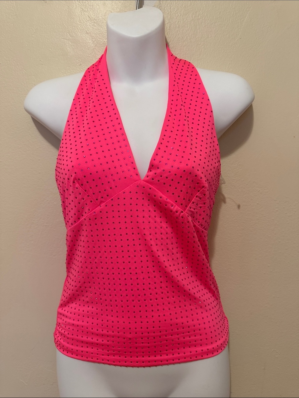 Sleeveless Halter V-Neck Blouse in Neon Pink with Dot Accent